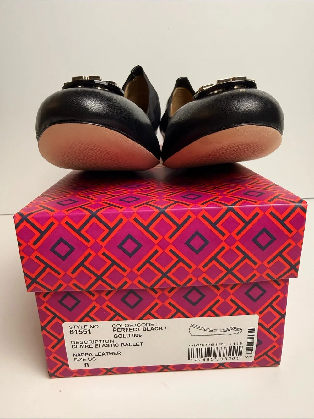 Tory Burch Claire Elastic Ballet Flats Black Nappa Leather Gold Logo Shoes Sz 8